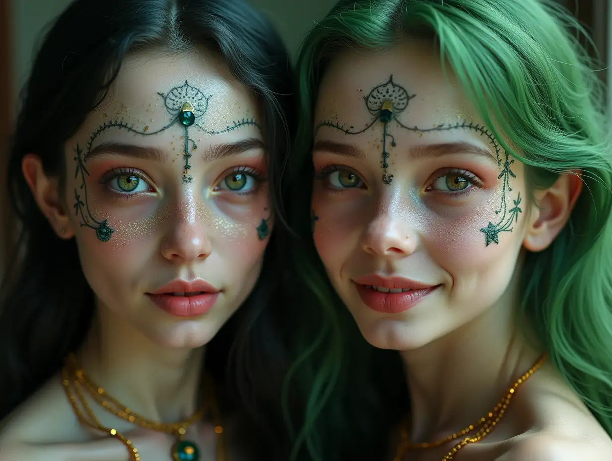 Two young black and white patternnGirls with Alien face,withngreen hair, with a slightnsmile on their faces,emphasizingntheir smile, modern retronjewelry,in a temple much Goldndifferent shades 4k