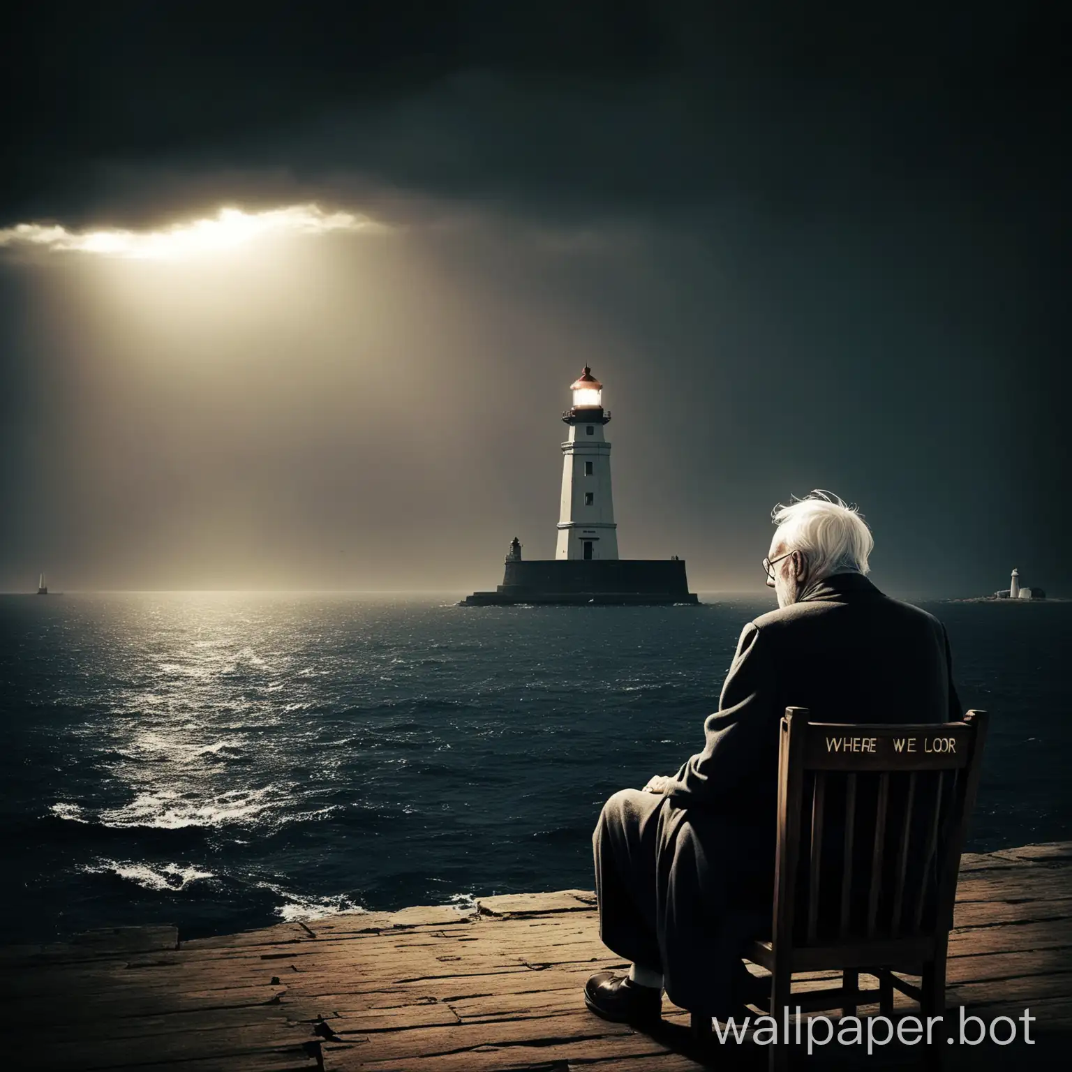 i want to put this proverb 'Every knee shall bow to whom bowed every knee and there will not be wronged by your Lord any one' With background , where we have the back head of an old man wearing glasses and white hair sitting on a chair in port and looking to the horizon , with an old lighthouse in the photo but still lighting