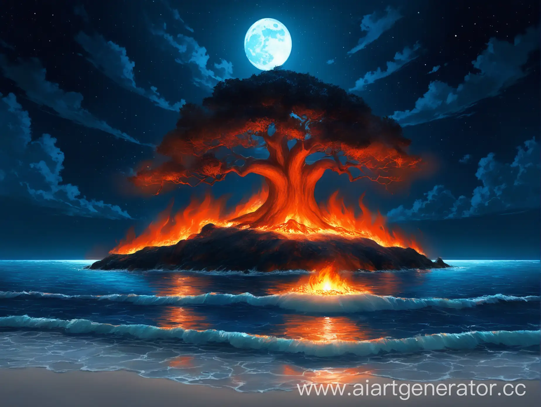 Moonlit-Island-with-Fiery-Tree-at-Night