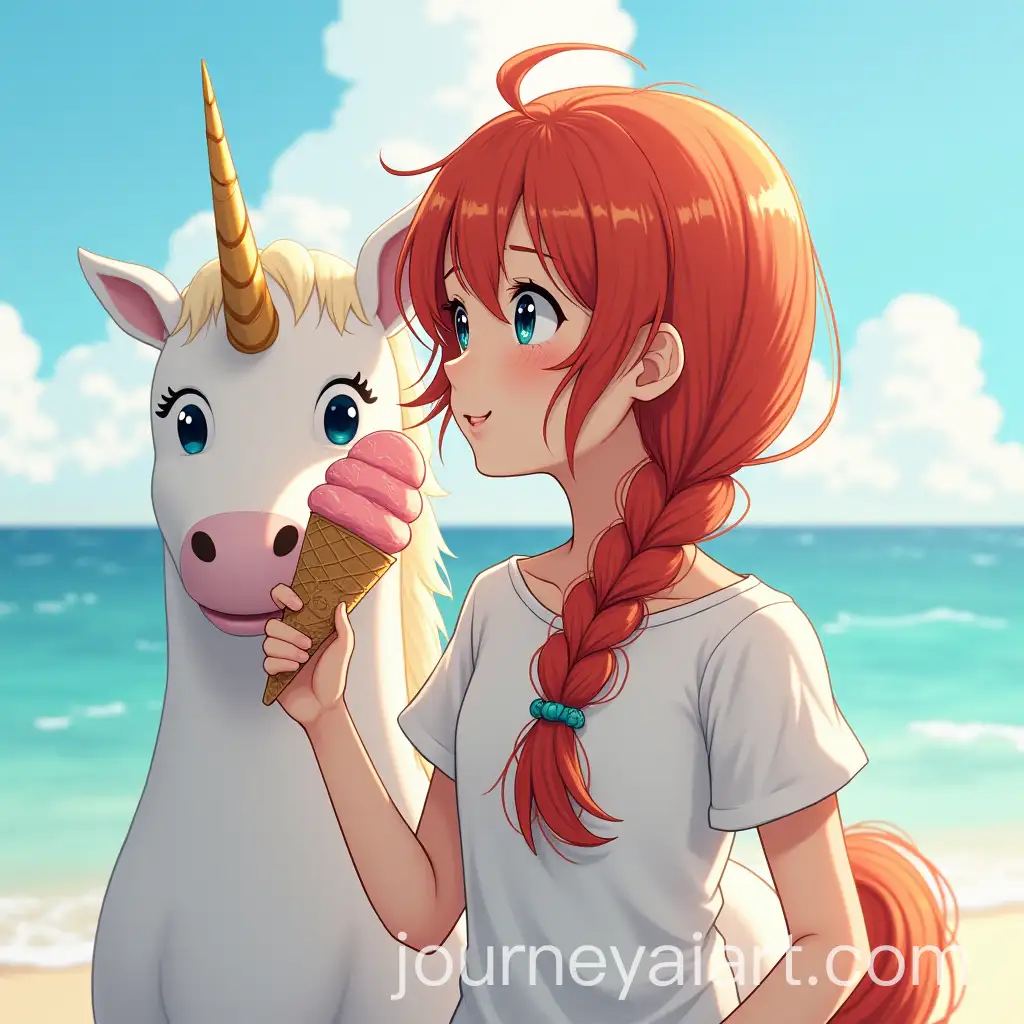 RedHaired-Girl-with-Braid-Enjoying-Ice-Cream-by-the-Sea-with-Unicorn