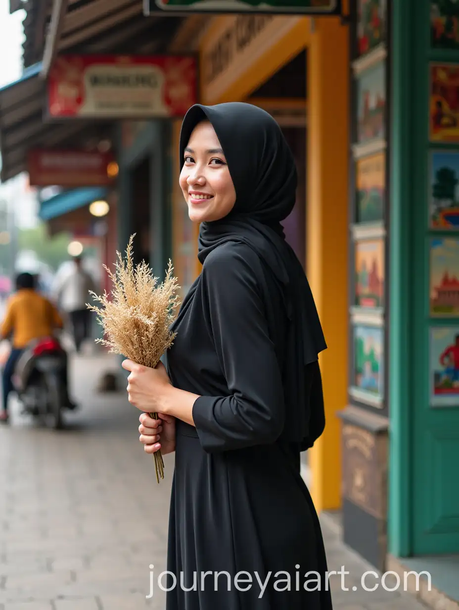 Elegant-Woman-in-Black-Dress-Holding-Dried-Flowers-on-Vibrant-Indonesian-Street