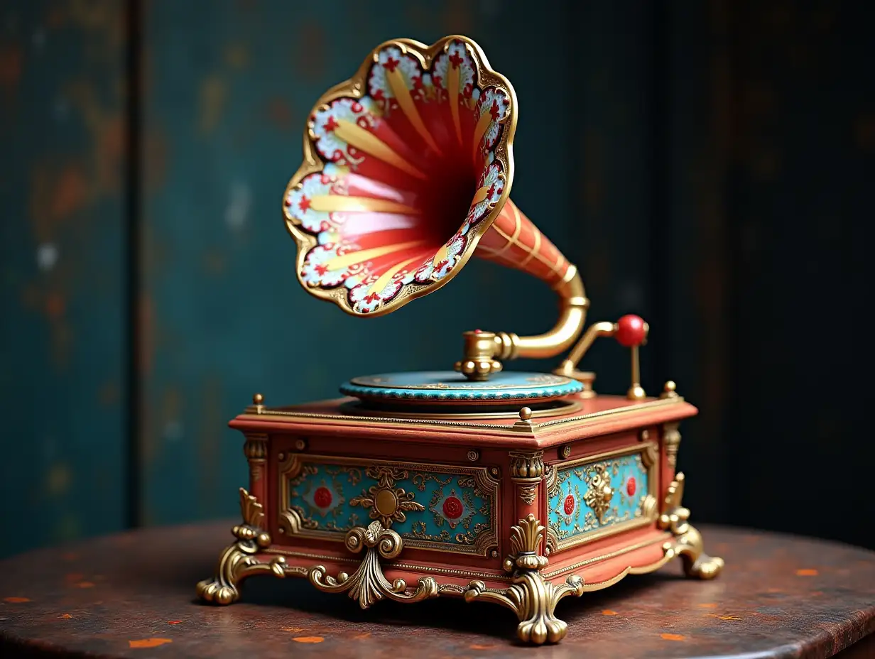 Generate a very detailed image of a gramophone made of glass and porcelain with ornaments 4K resolution vibrant