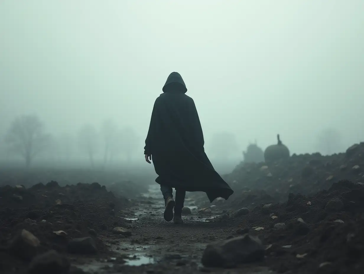 A solitary figure, shrouded in shadow, walking through a desolate, war-torn landscape. The ground is barren, perhaps with remnants of a battle visible. The sky is overcast, reflecting the figure's internal darkness and despair.