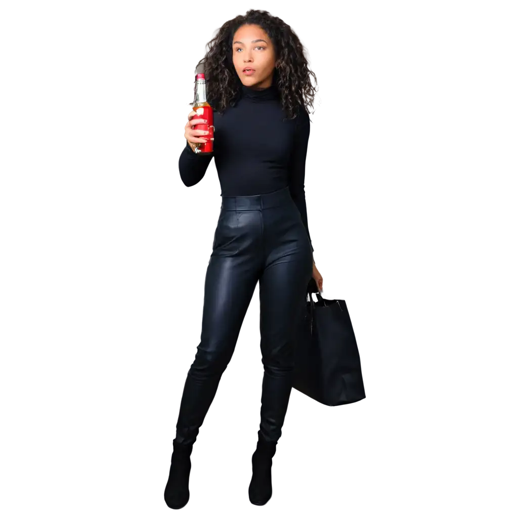 Woman-in-Black-Holding-a-Bottle-PNG-Image-Captivating-Visual-Storytelling