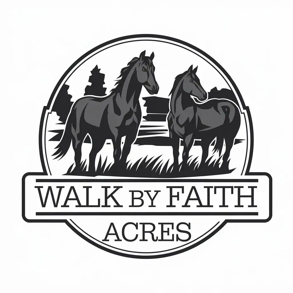 LOGO Design for Walk By Faith Acres Black and White Vector with Horses for the Animals Pets Industry