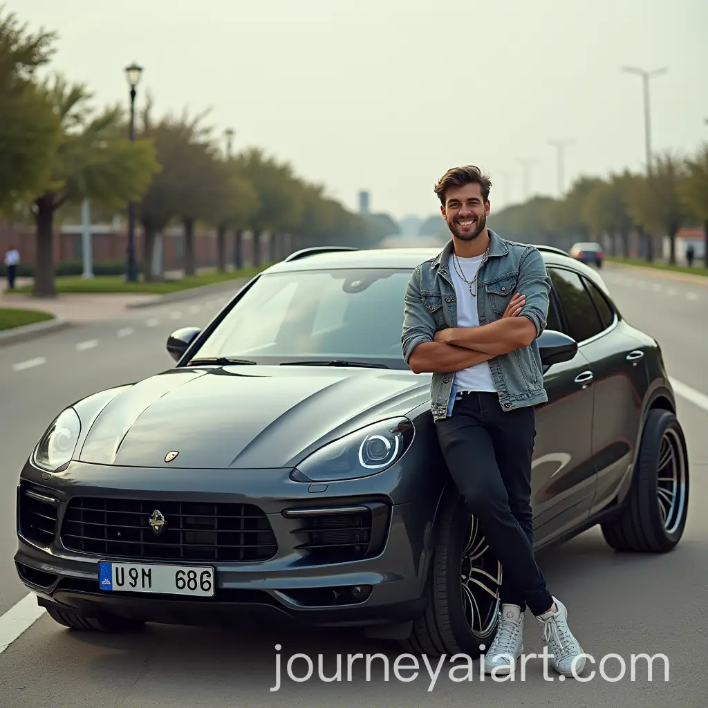 Young-Man-Smiling-with-Deflated-Fancy-Car