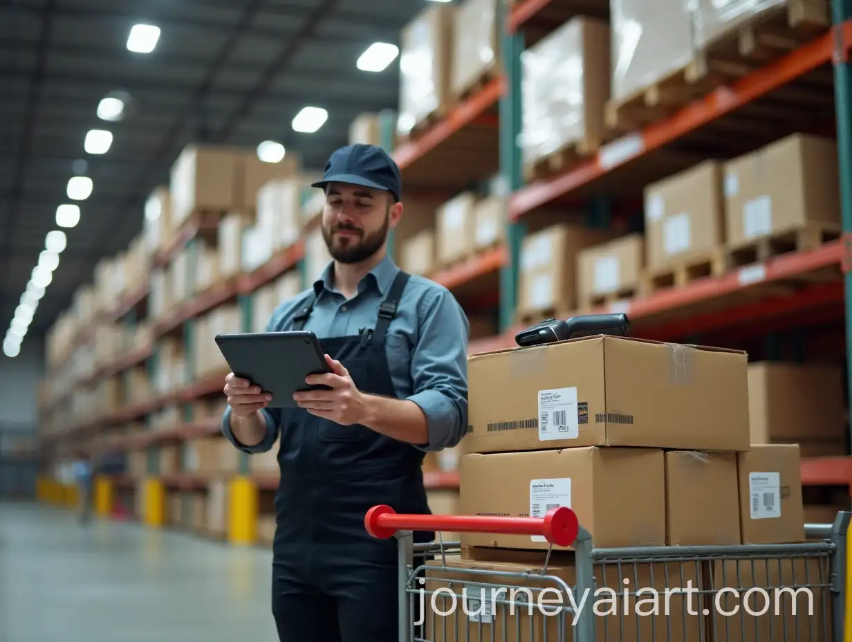 European-Warehouse-Worker-Using-Tablet-Next-to-Trolley-of-Labeled-Boxes
