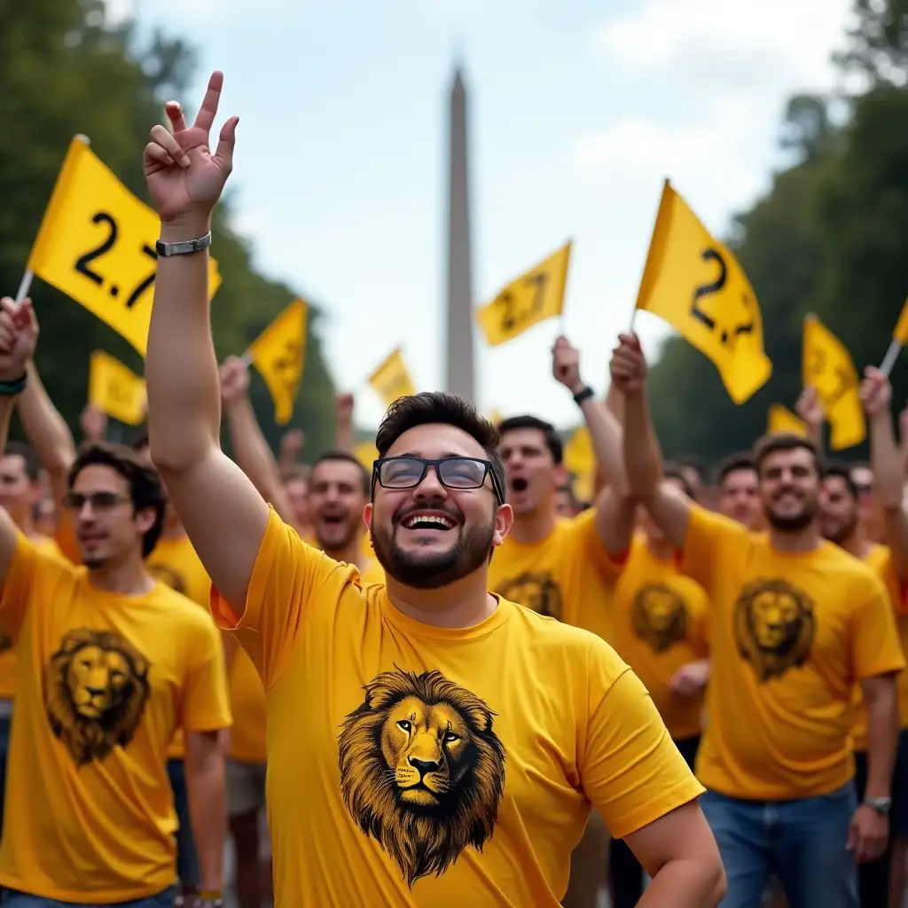 A crowd of happy nerdy fat white male teenagers with glasses wearing yellow T-shirts with the image of a lion, waving flags with the legend '2.7%'. In the background, the Obelisk of Buenos Aires.