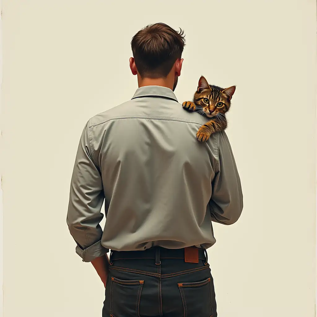 A man is standing with his back and holding a cat