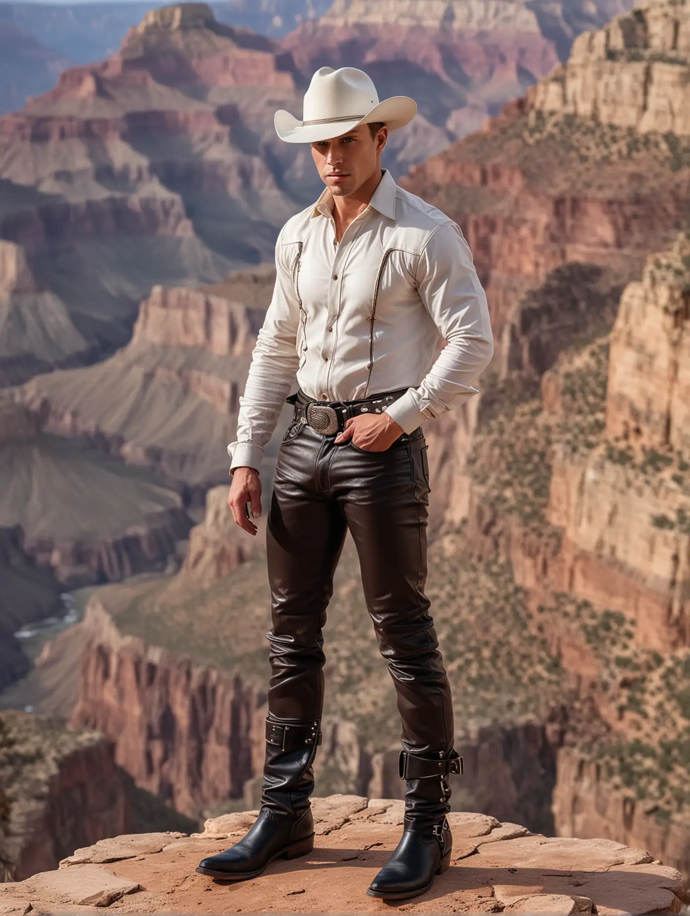 full height image, Two tanned Handsome young muscular white men, tight brown leather jeans, showing off legs and groin bulge, black leather belt with silver buckles, cowboy boots, tight black-leather leather shirt, black-leather stetson hat, standing on the edge of the Grand Canyon admiring the view, 8K