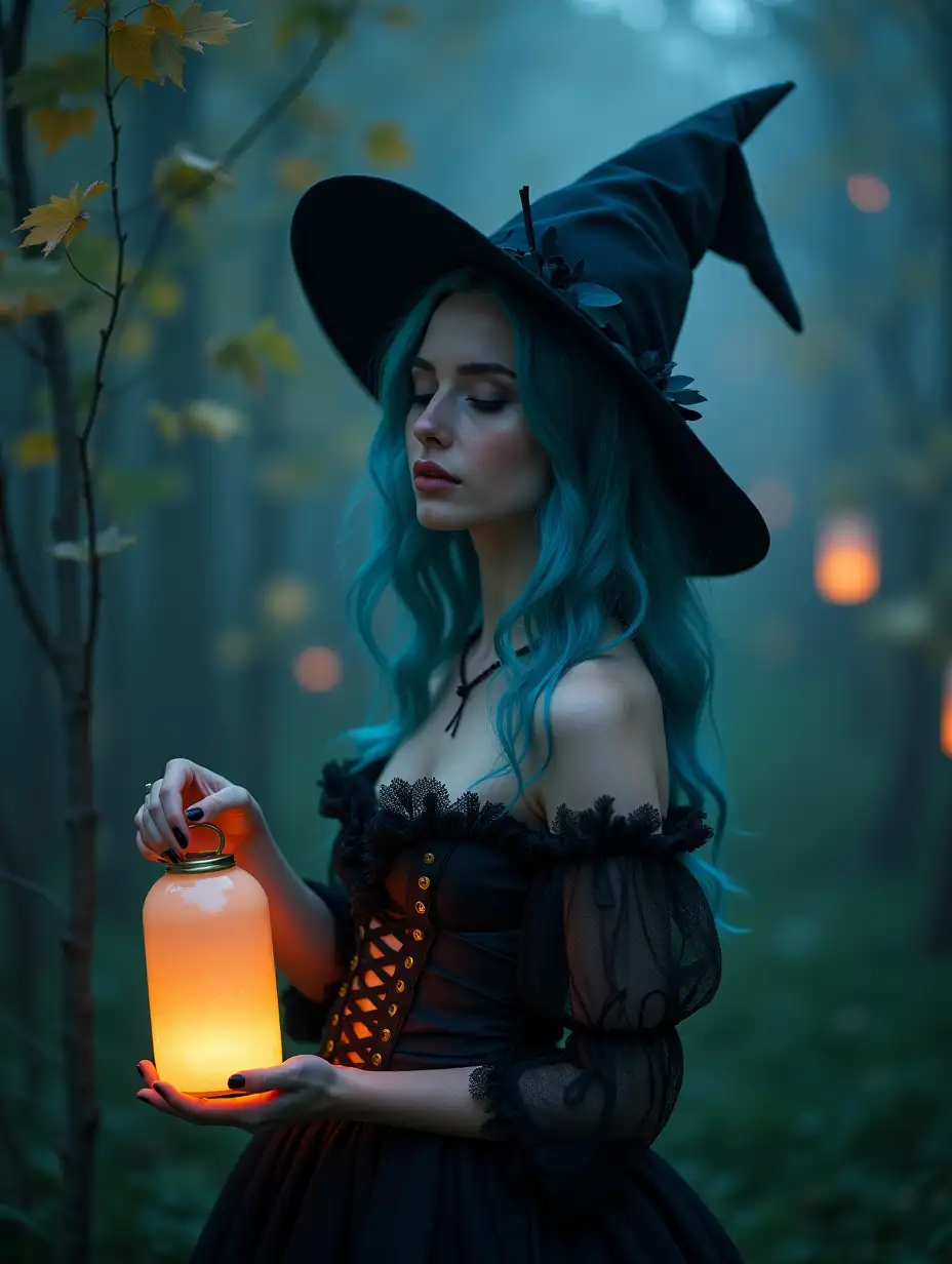 A witch, a young woman in a dress with a corset, ruffles, lace, blue hair, beautiful pose of a model, lanterns, gently, in a cloud of maple leaves, gentle fog, fantasy, photo portrait on a Nikon camera, fine detail, intriguing, botanical, 32k, bioluminescence, realism. --ar 3:4