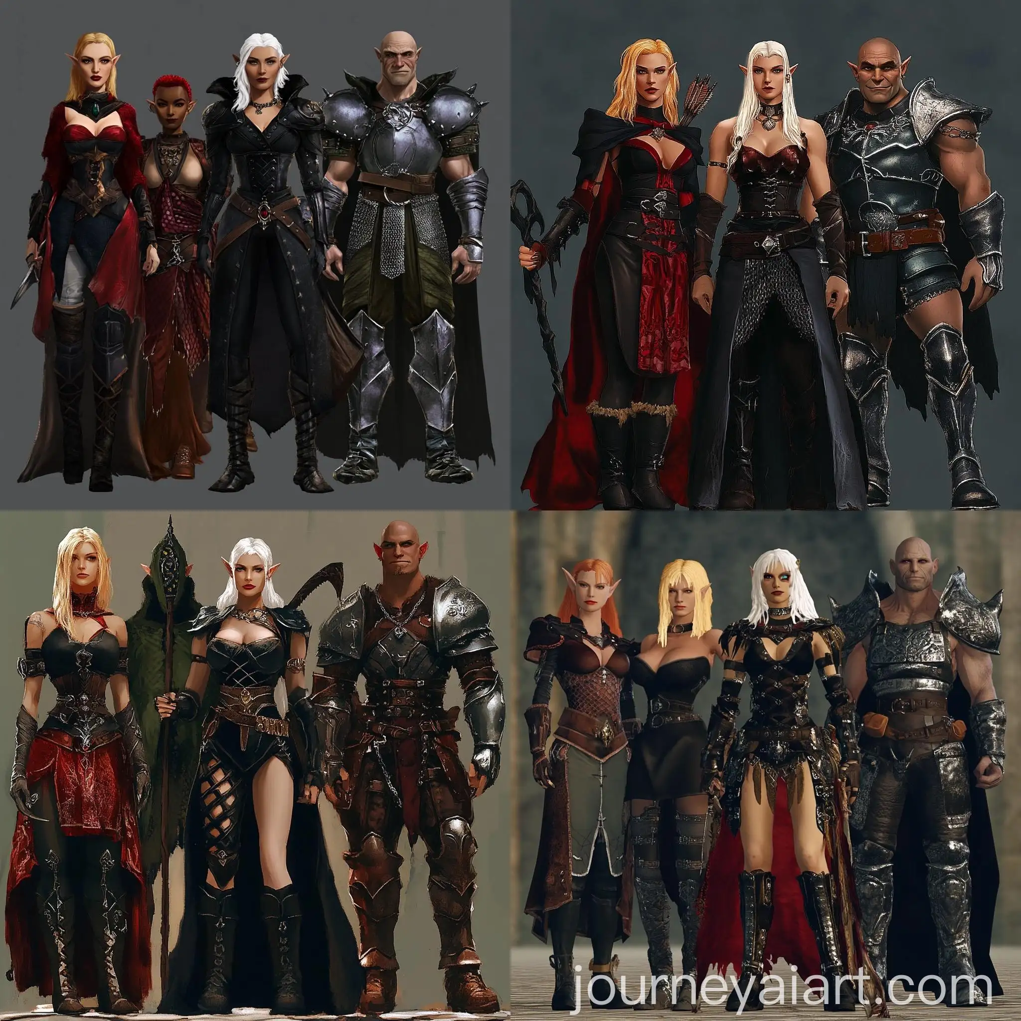 Group-Photo-of-Fantasy-Characters-Female-Elves-Orc-Warrior-and-Human-Warrior-in-Unique-Costumes
