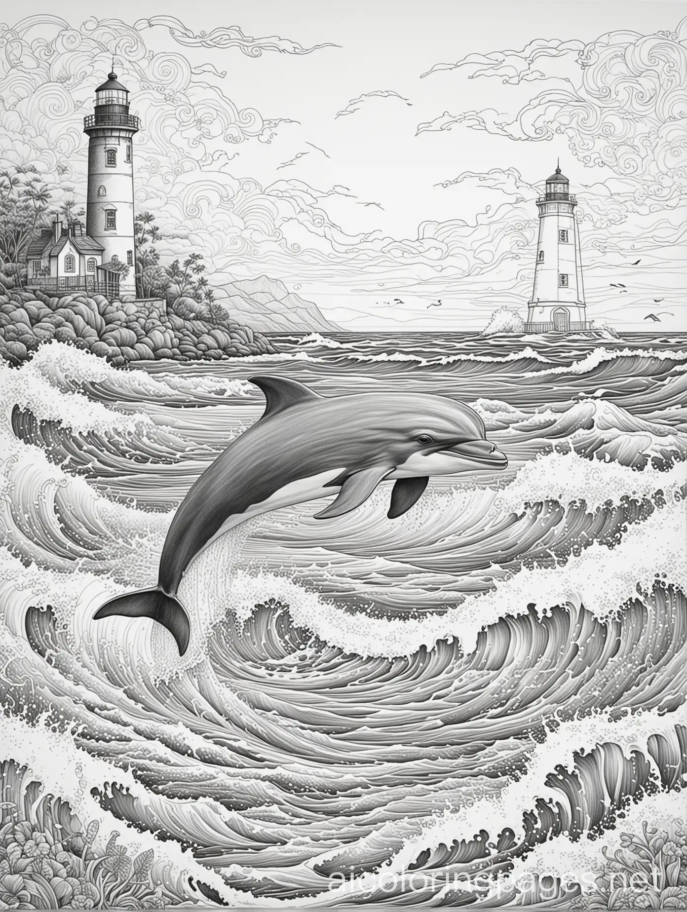 Ocean-Waves-Coloring-Page-with-Leaping-Dolphin-and-Lighthouse