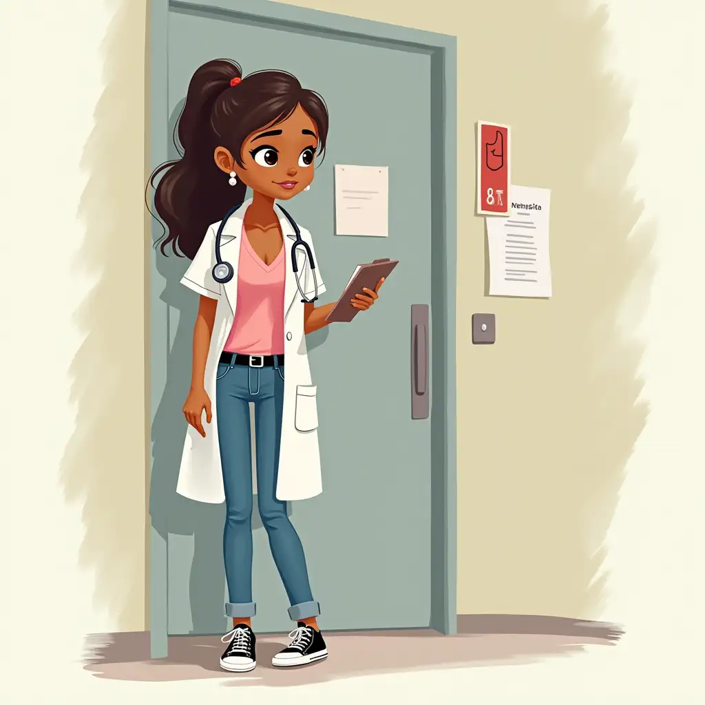 Professional-Doctor-Ana-Standing-at-Hospital-Reception-with-Clipboard
