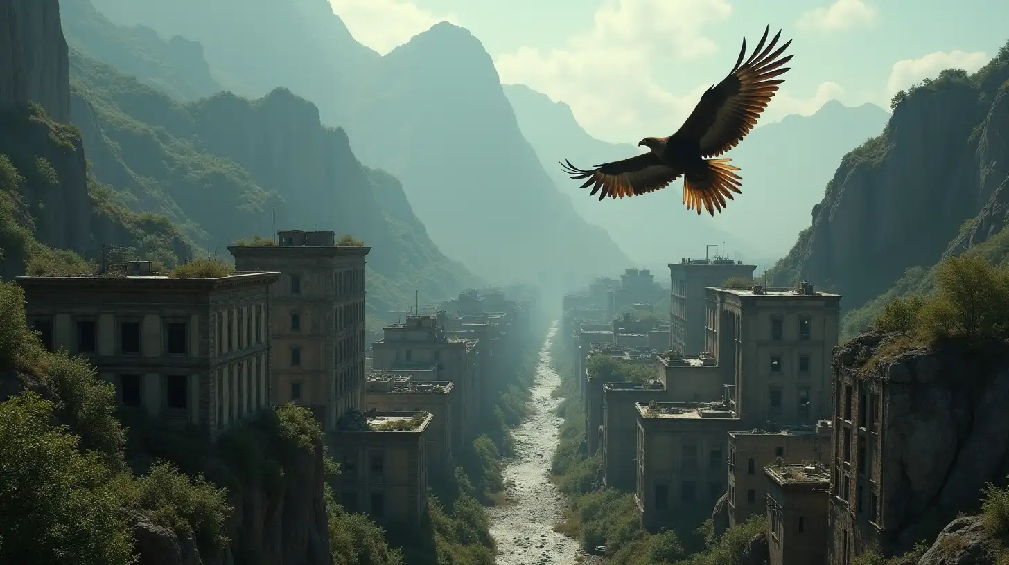 Eagle Flying Over Desolate Mountain Cityscape