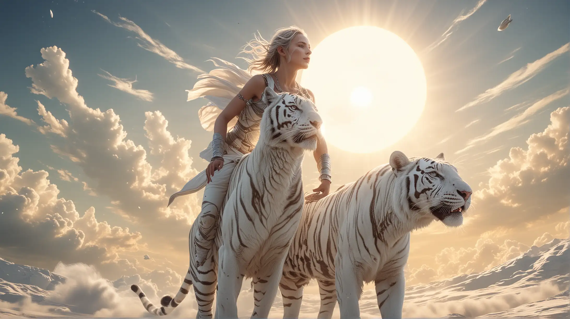 Fantasy White Tigress Flying with Woman in Cosmos