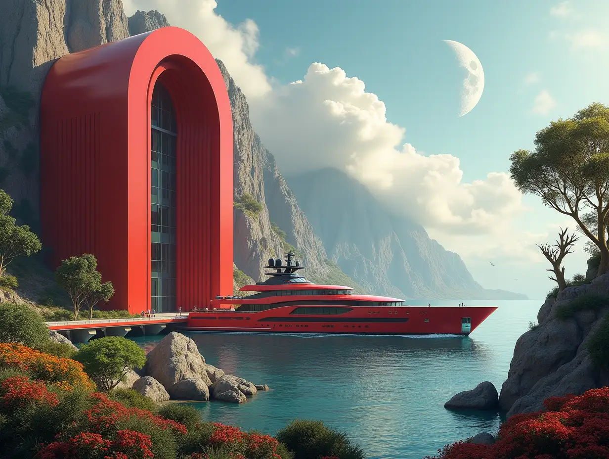 Create a high-resolution realistic image in 4k resolution with a futuristic building of red color with silver, brown, and yellow inside, with curved tall pillars, valley with big trees, rocks, flowers and a very large yacht with glass windows in cloudy sky with moon