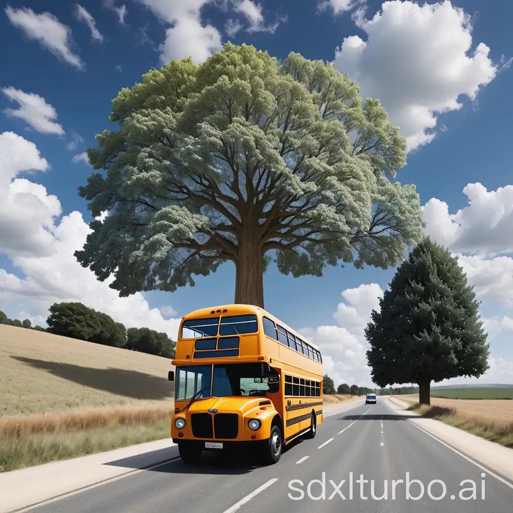 bus below tree, sky-other right of tree, tree above road, sky-other above road