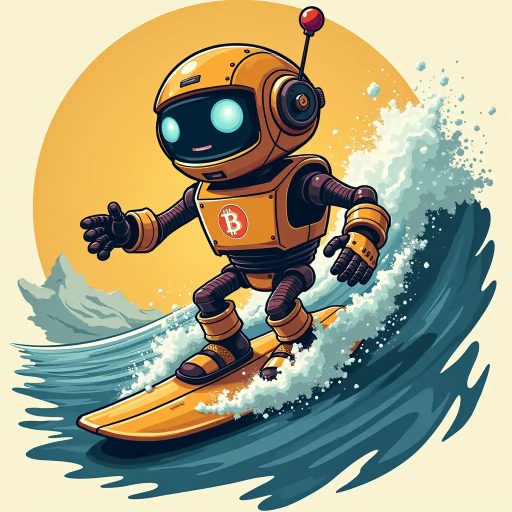 surfing retro robot with bitcoin logo