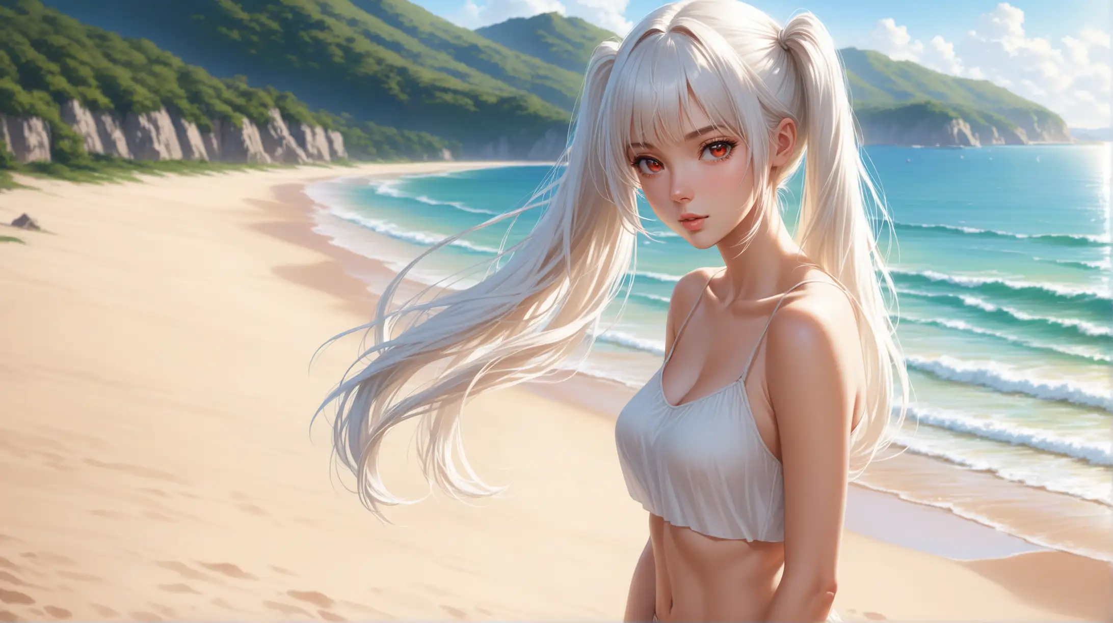 Seductive Woman with Long White Hair on Beach in Summer Outfit