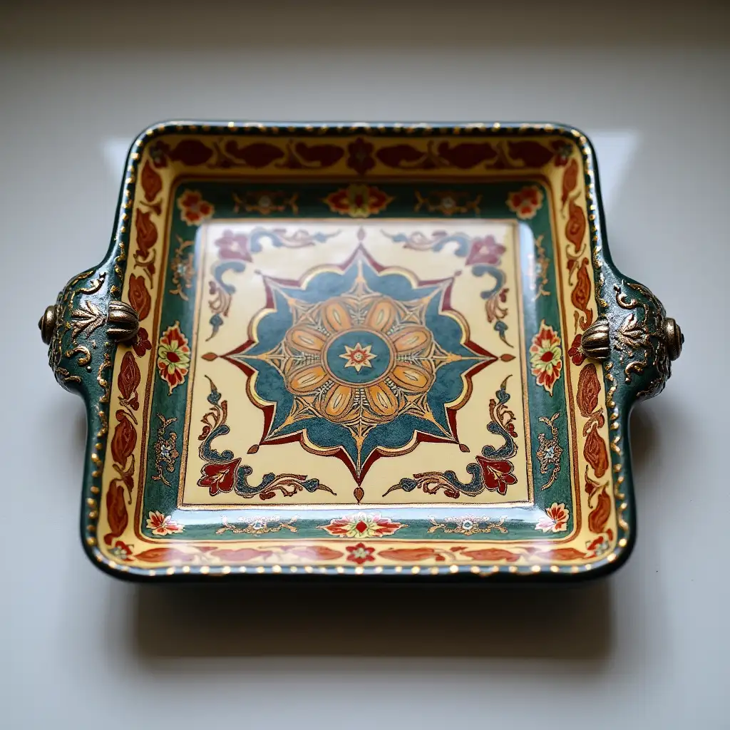 Square with rounded corners ceramic serving dish withe embossed beautiful handle, antique and old, Qajar art, Iranian Tabriz carpet design