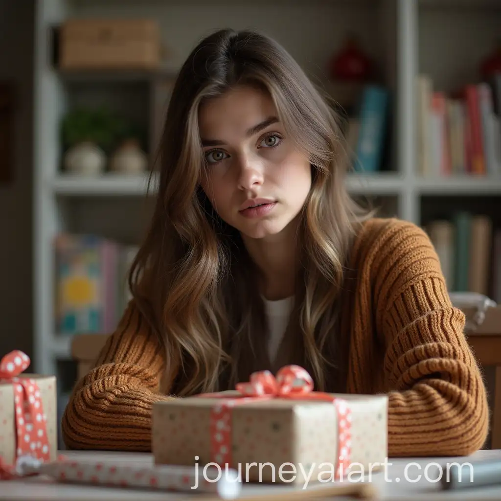 Anxious-Young-Woman-Cutting-Hair-at-Cluttered-GiftWrapping-Table