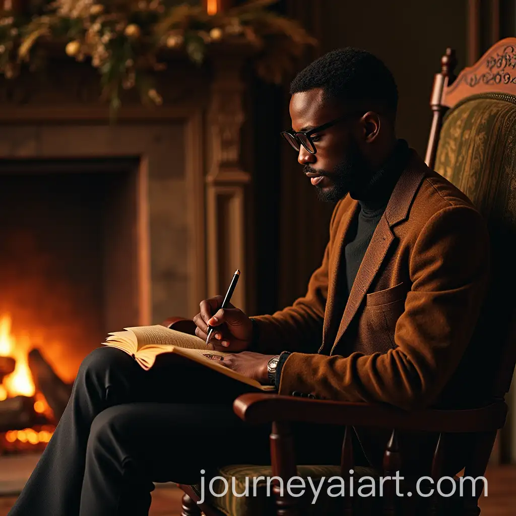 Young-Black-Man-in-Classic-60s-Attire-Writing-Poem-by-Fireplace