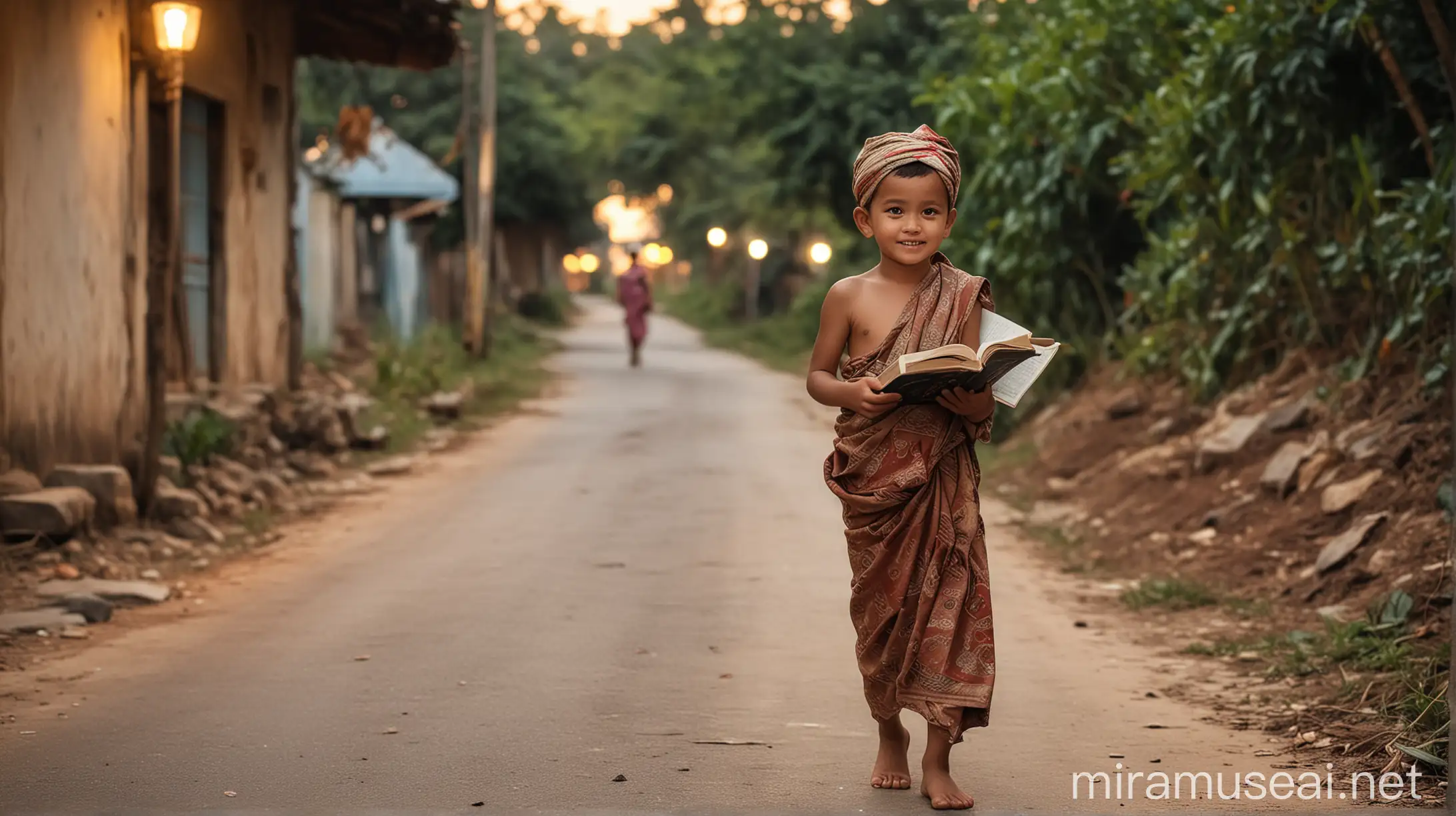 Child Exploring Village Road at Evening Maghrib with Book and Songkok