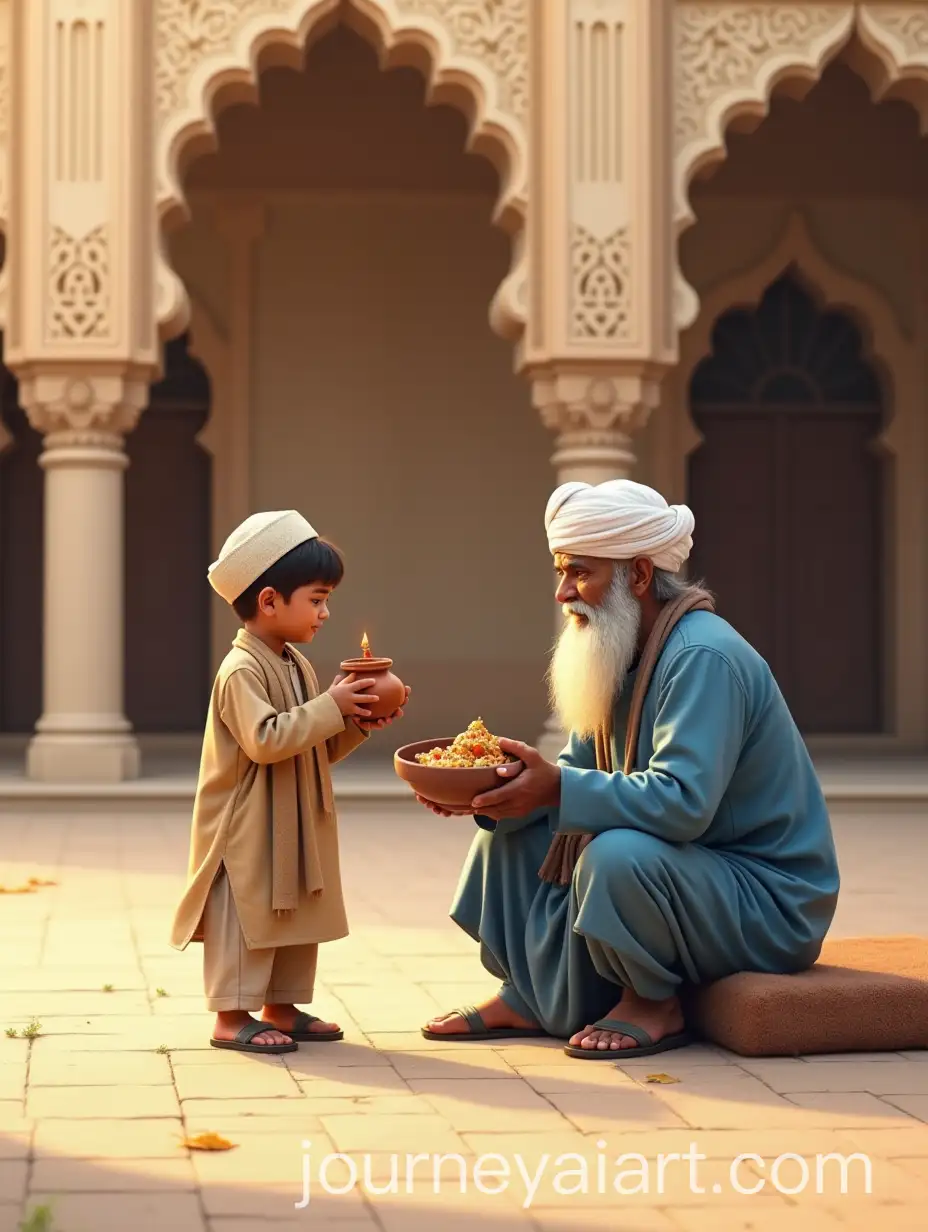 Boy-in-Traditional-Attire-Offering-Kheer-to-Elderly-Man-in-Mosque-Courtyard