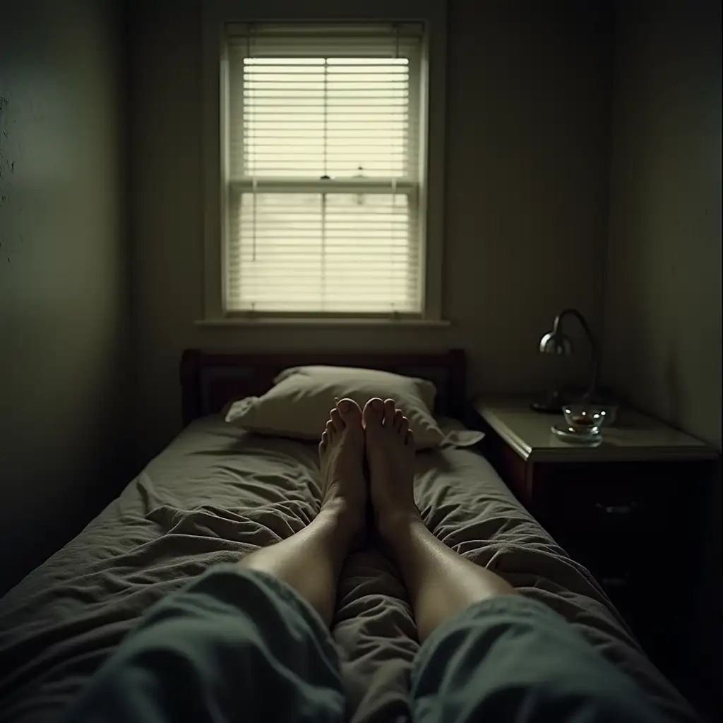 A first-person perspective (POV) of someone lying on a stiff bed in a small, government-issued room in Los Alamos during the 1940s. The person's feet are visible at the edge of the bed, tangled sheets around them. The room is dimly lit with soft morning light filtering through the blinds, casting long shadows. A bedside table holds a half-smoked cigarette in an ashtray. The atmosphere is heavy with tension, evoking the weight of scientific and moral dilemmas. The air is dry, and the setting reflects the austere, high-pressure environment of the Manhattan Project.