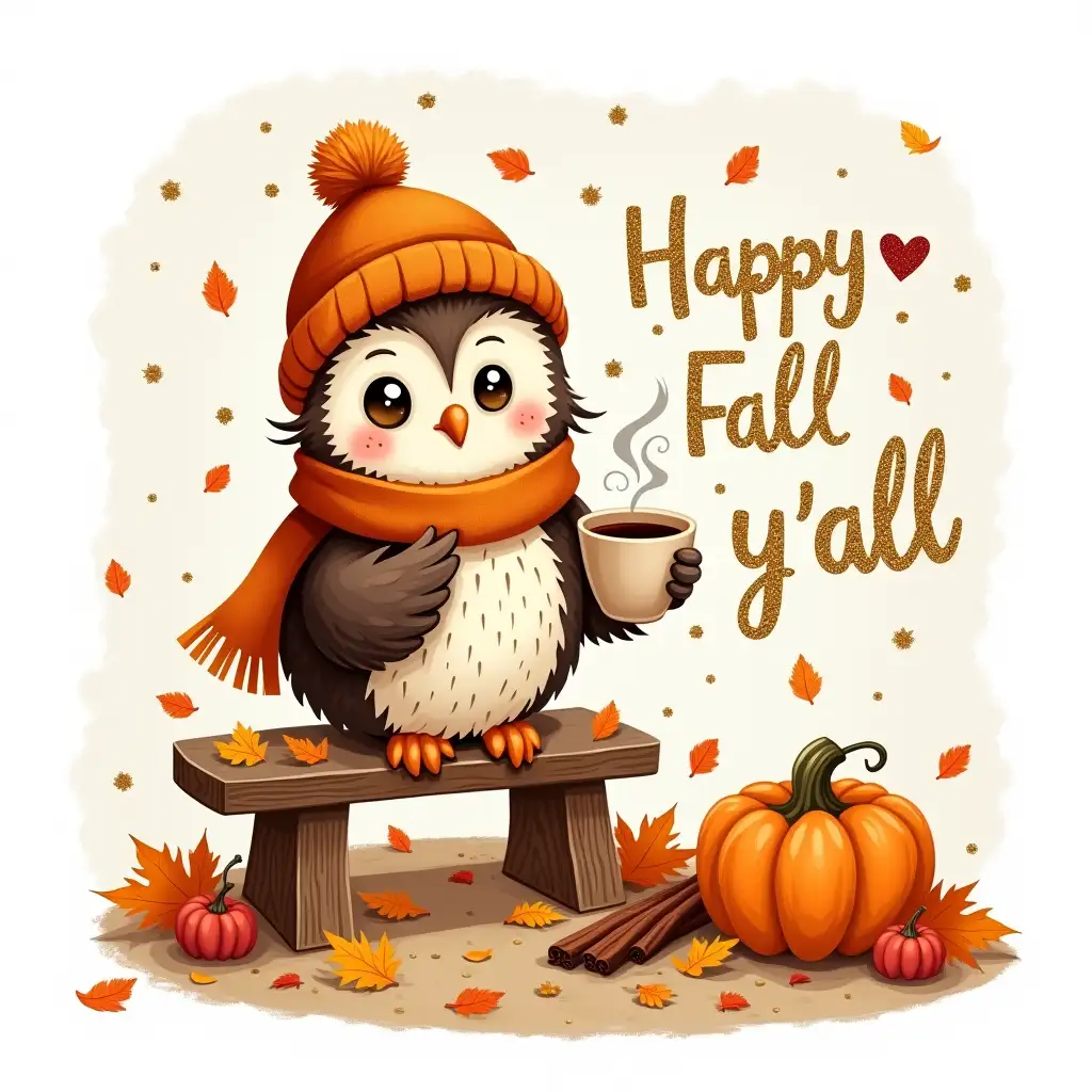 Vintage. A whimsical, cartoon-style owl, wearing a cozy orange beanie and scarf, is perched on a wooden bench. The owl holds a steaming cup of latte in its tiny paws, surrounded by scattered autumn leaves, a small pumpkin, and cinnamon sticks. The background is a soft, white canvas with gold glitter accents. The text 'Happy Fall y'all' is written in a playful Glitter, handwritten font, with a heart above the 'L.' It’s a mix of realism and Alcohol Ink artistry.