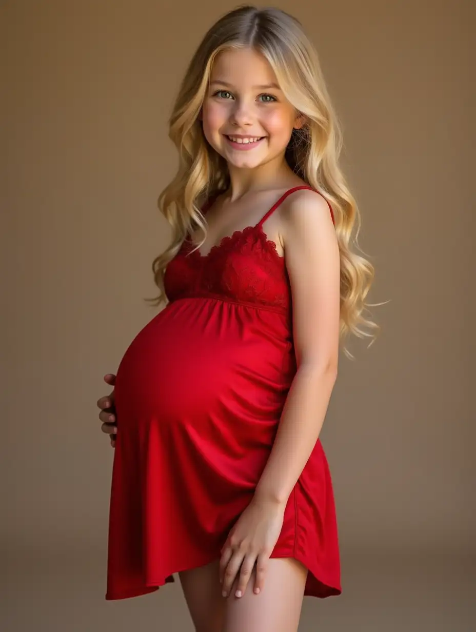 Adorable-Young-Girl-with-Huge-Pregnant-Belly-in-Red-Silk-Nightie