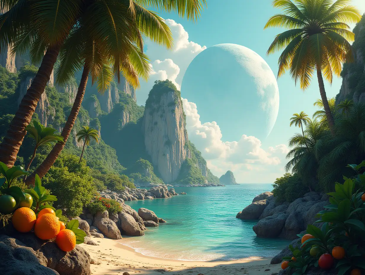 Create for me a photorealistic image of Paradise on another planet with Exotic Fruit Trees