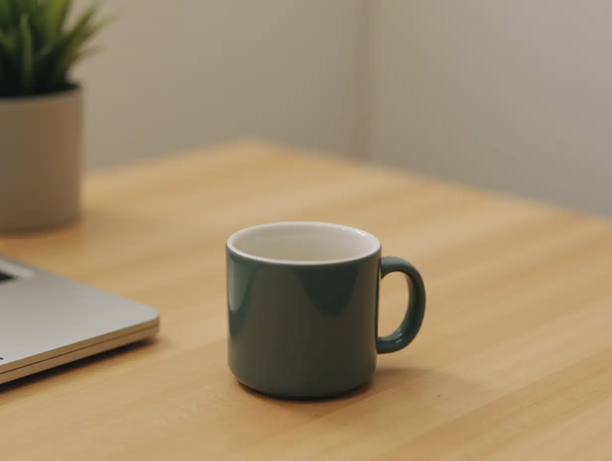 A minimalist coffee cup on a wooden table, ideal for product or branding photography usage.