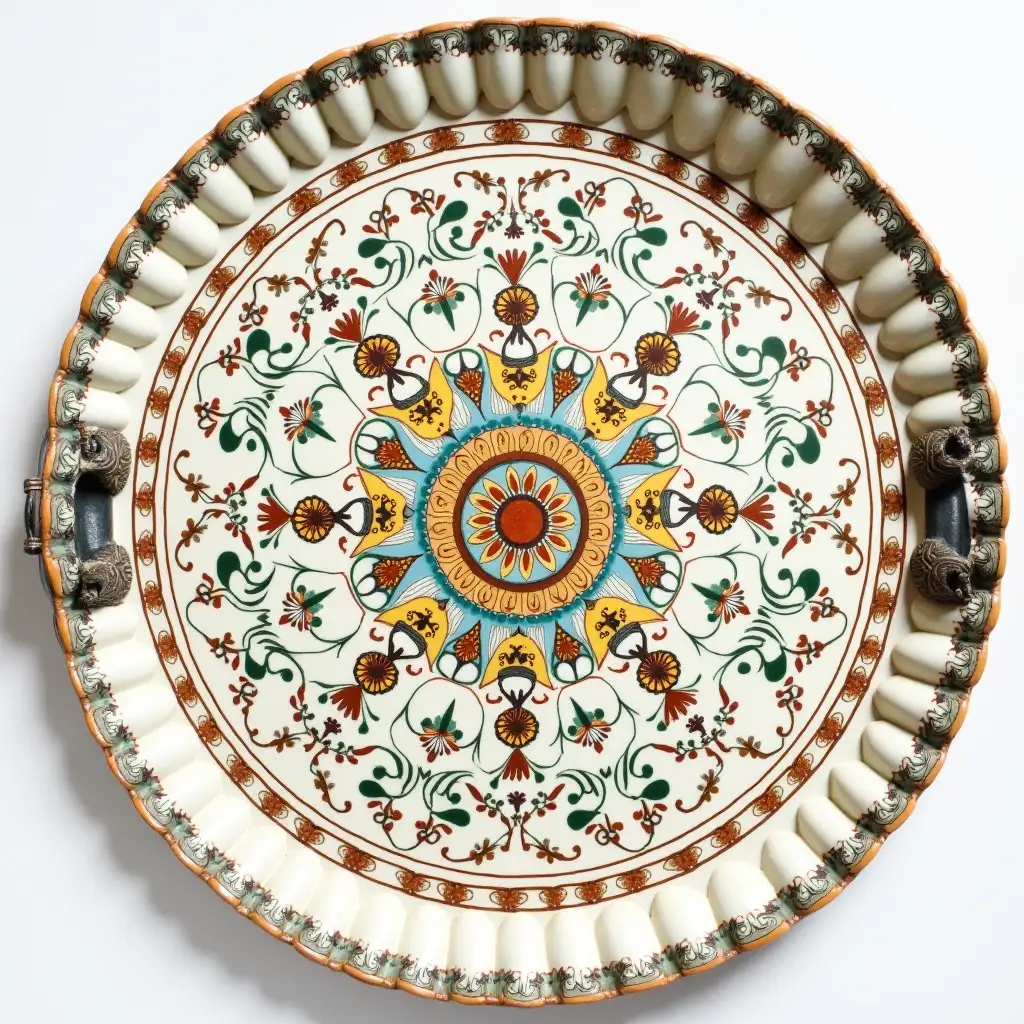 Ruffled edge circle ceramic tray with embossed beautiful handle, Underglaze painting on white body, Fine art, Hyper detailed, Antique and old, Qajar art, Iranian Tabriz carpet design