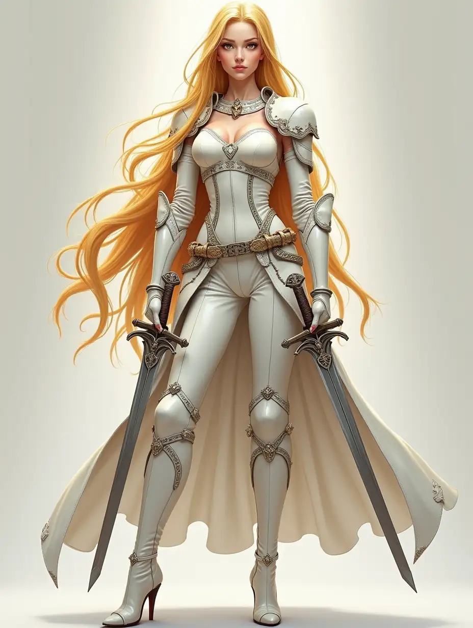 Young-Female-Warrior-in-White-Leather-Armor-with-Swords