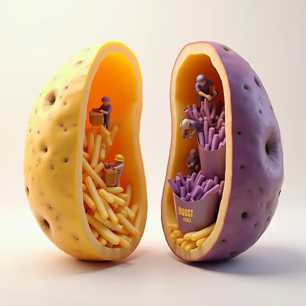 A surreal, photorealistic cutaway view of two large potatoes side by side. The left is a golden yellow potato, the right is a deep purple potato. Each potato is sliced open like a cross-section to reveal a miniature world inside. Inside the yellow potato, tiny workers are harvesting and processing golden-yellow fries. The fries have a crispy golden surface with soft pale centers. Inside the purple potato, similar miniature workers are producing vibrant purple fries—crispy dark purple on the outside with a light lavender interior, matching the real look of fries made from purple potatoes. The inner walls of the potatoes look natural but are illuminated to highlight the activity inside. Some workers are cutting, some frying, and others packing the fries into stylized paper cups (yellow and purple themed respectively). The background is minimalistic and clean. Designed to be visually striking, imaginative, and conceptually unique for a creative Instagram or packaging design.