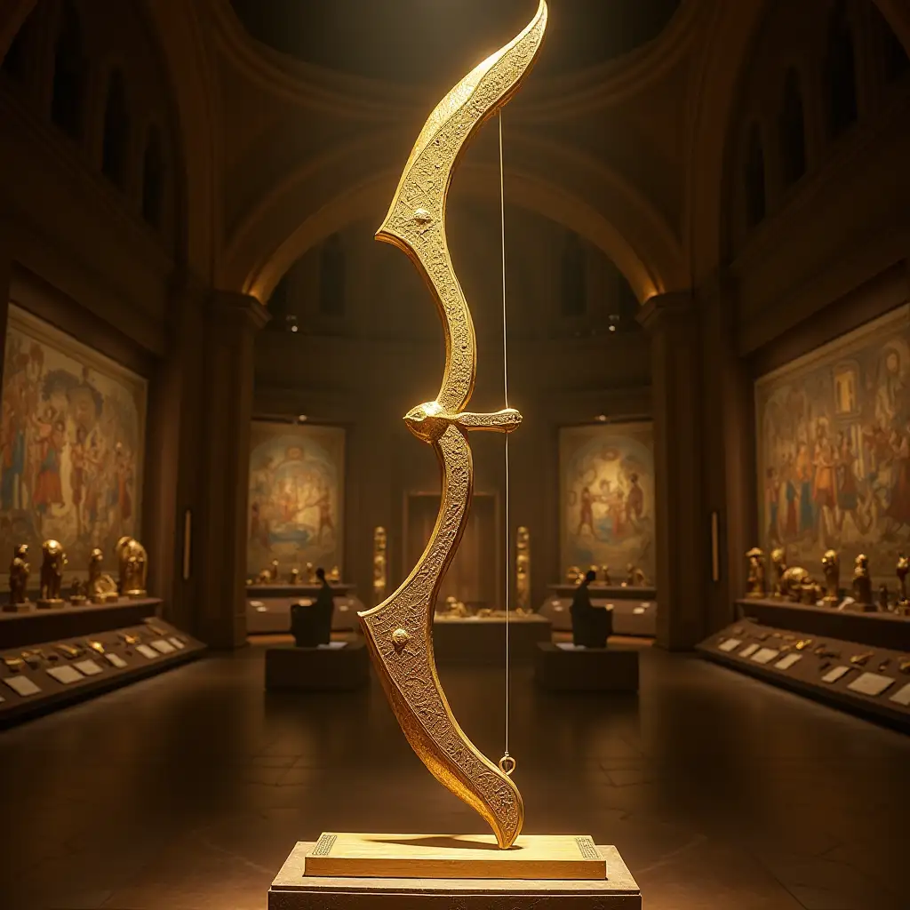 Golden-Elven-Bow-Displayed-in-Museum-with-Divine-Runes-and-Ethereal-Glow
