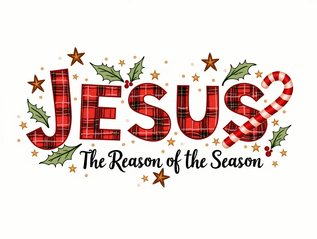 Vector, Watercolor art. A vibrant Christmas scene featuring the word 'JESUS' in bold, red lettering. The lettering is decorated with plaid patterns, leopard print, and candy canes. Stars and holly berries surround the word. The phrase 'The Reason for the Season' is written below in bold, festive lettering. The image should have a playful, festive aesthetic with contrasting colors and detailed textures. Elements such as the texture of the plaid, the spots on the leopard print, and the shiny finish of the candy canes should be clearly visible. The background should be a white canvas with subtle texture.