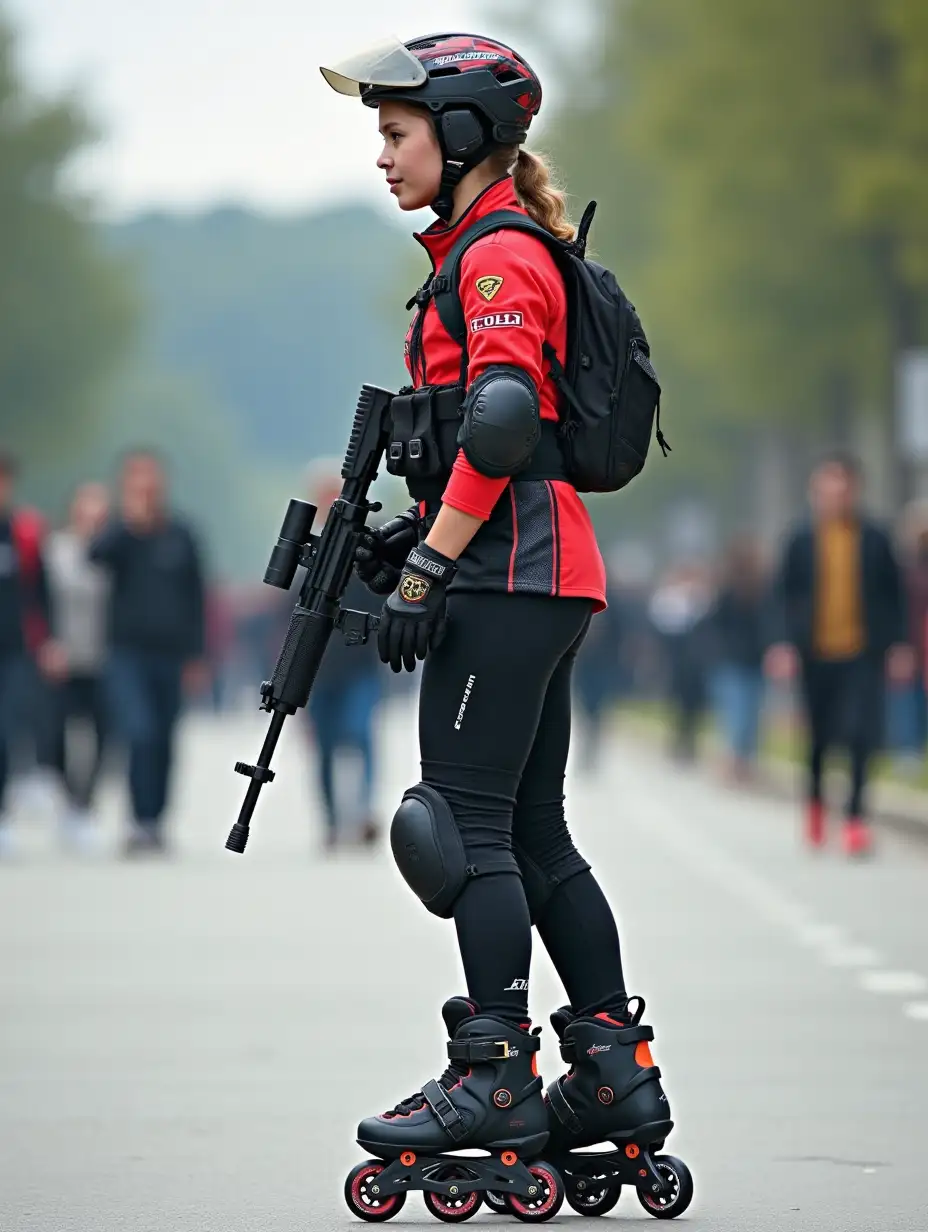 a 17 year old airsoft geared woman at a distance, she is skating on a street, holding a weapon, ordinary people in background, clothes have racing colors, she is wearing lots of functional sportswear, cycling gloves, airsoft helmet with transparent visor over eyes, smartwatch, thick plastic knee pads, modern inline skates with complete organized wheels