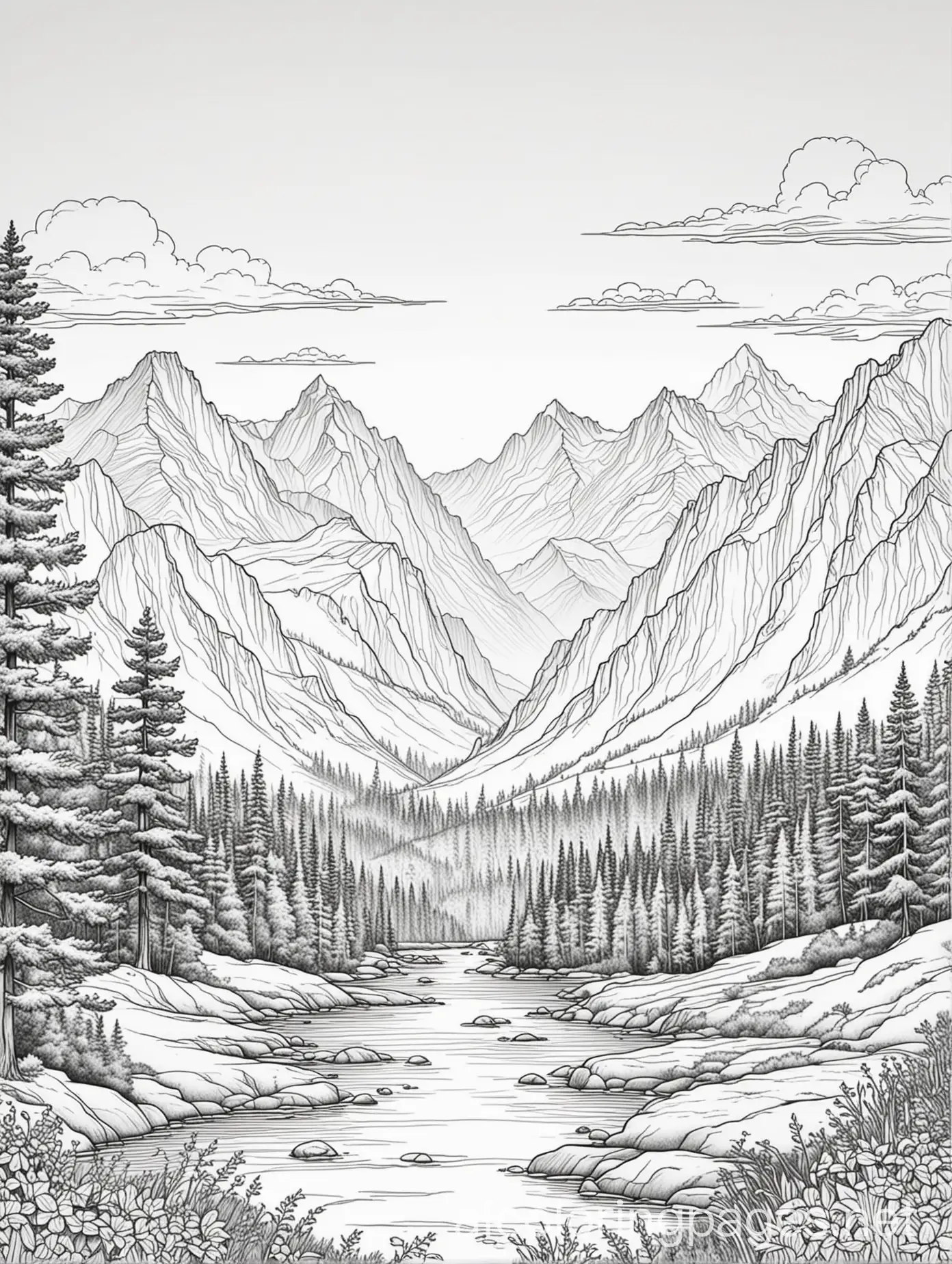 calm and peaceful nature scene mountains, Coloring Page, black and white, line art, white background, Simplicity, Ample White Space. The background of the coloring page is plain white to make it easy for young children to color within the lines. The outlines of all the subjects are easy to distinguish, making it simple for kids to color without too much difficulty