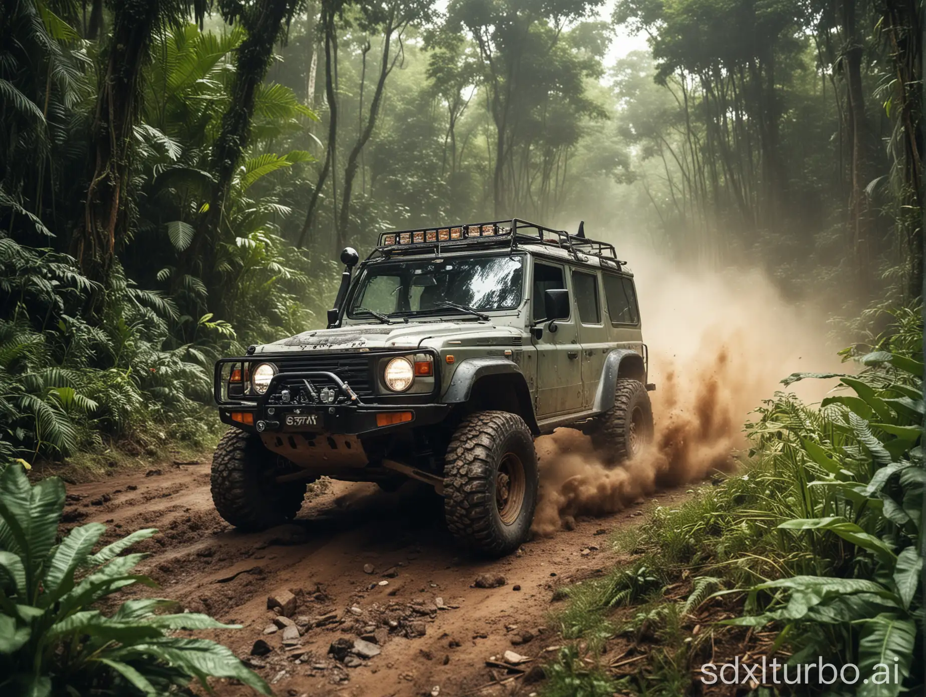 Offroader fights through the jungle