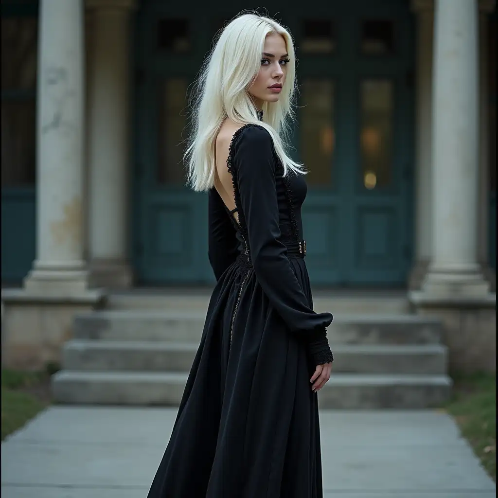 Full-length photo of a sultry platinum blonde goth supermodel woman, mystic blue eyes, perfect boobs, perfect body, perfect fingers, perfect legs, makeup, standing outside, left view, dark dress, on high heels, 16k uhd, high quality, fashion style