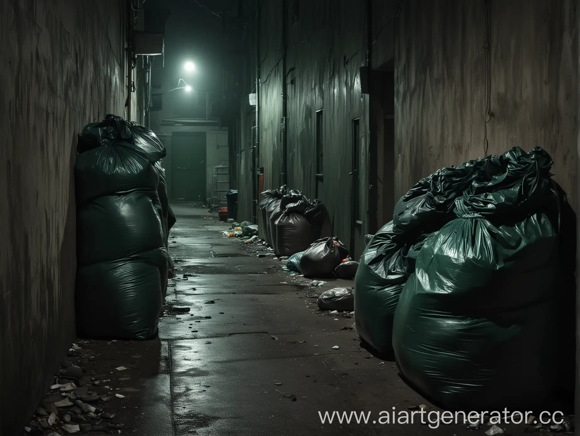 a gloomy alley with garbage bags in ominously dark green tones and very dim light