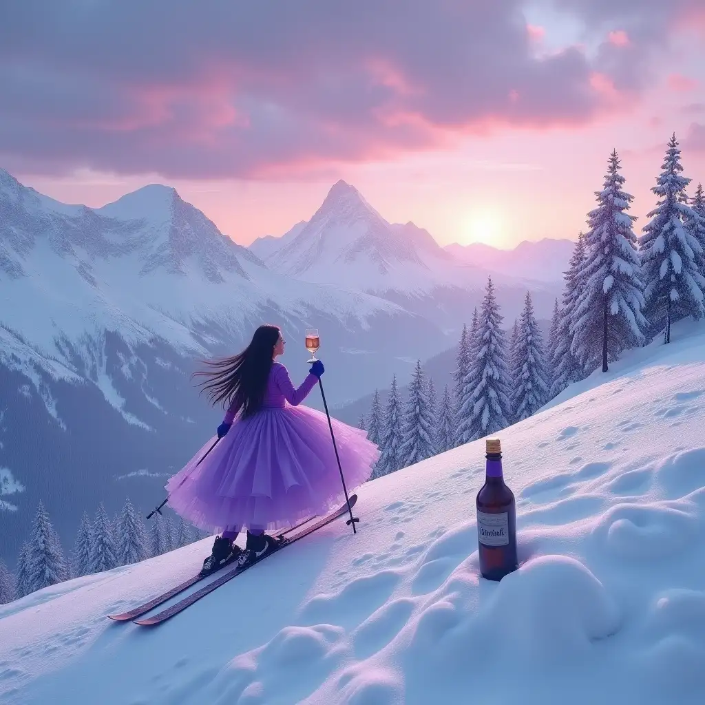 Alps, winter, snow, dawn, purple clouds, panoramic view. a skier in a purple dress with a long train with long developing hair is skiing down the mountain without poles and holding a glass. a bottle is on the mountain. surrealism style.