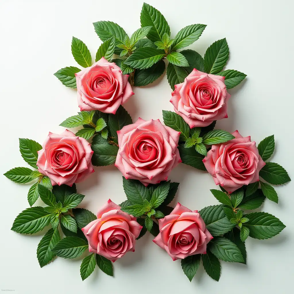 a triskelion made of damask roses and mint leaves