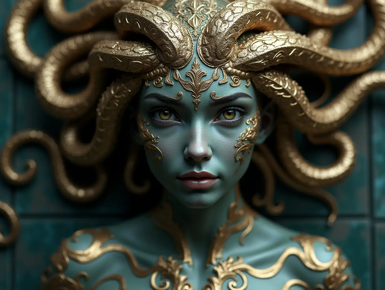 Make it hyperrealistic, dynamic and with ultra-high resolution at 4k: Create an image of Medusa with a gold-silver pattern. She should be beautiful and seductive so that her sight will turn all men into stone