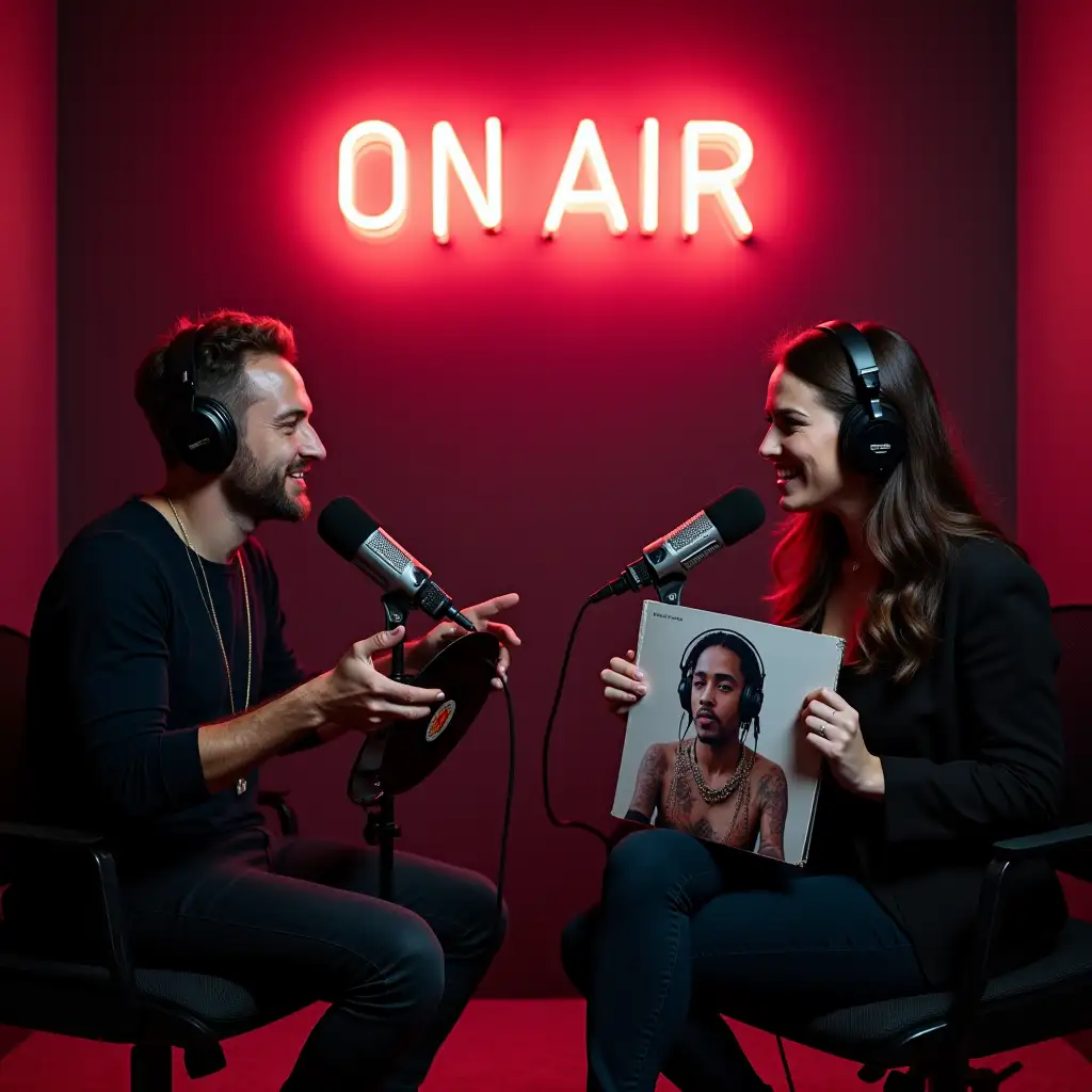 Two music journalists, a man and a woman, sitting in a studio discussing an album by an artist. They each have headphones on and a microphone in front of them. One of them is holding a vinyl album. The other an image of the artist. They are engaged in a talk about the album. On the wall is a Lumoonosity Neon Sign saying ON AIR. Frontal view. Camera wide angle