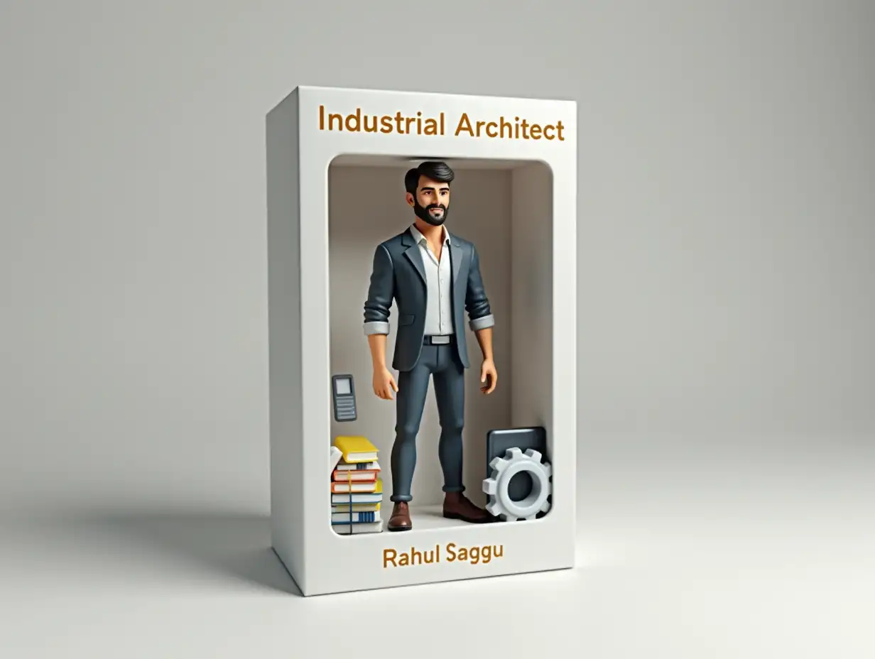 Create an action figure on photo. It should be a full-size figurine. The figurine should be standing inside a white box, and next to the figurine there should be its accessories: a book, laptop, a phone, gear symbol. Write 'Industrial Architect' at the top of the box, and 'Rahul Saggu' below it. Make it as realistic as possible.