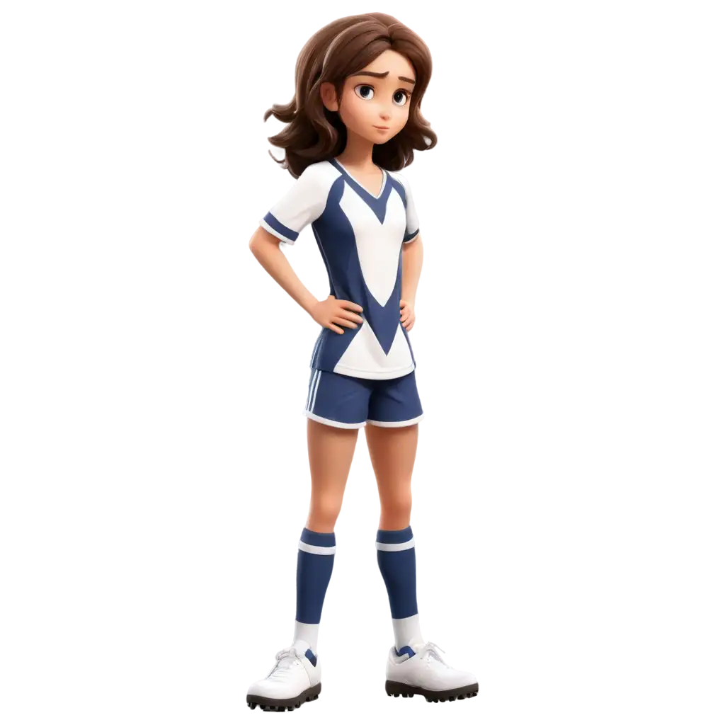 a teenage girl with brown hair full body in a soccer uniform looking kind of upset cartoon cute
